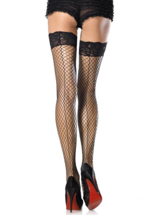 729061 STAY-UP LYCRA INDUSTRIAL LACE TOP THIGH HIGHS WITH BACK SEAM O/S BLK - Ciorapi Sexy
