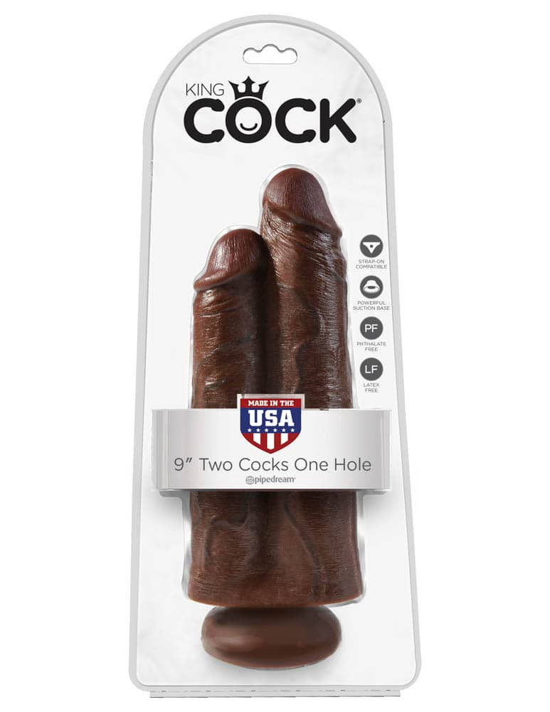 Model King Cock 9 inch Two Cocks One Hole Brown